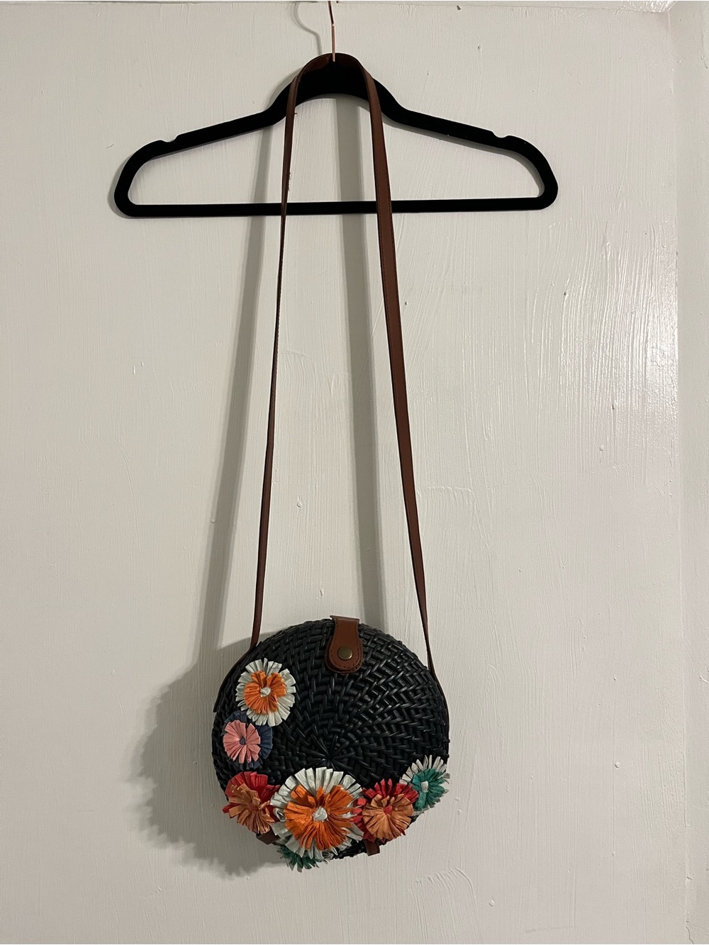 J. Crew Black Round Woven Crossbody with Multicolor Floral Accents